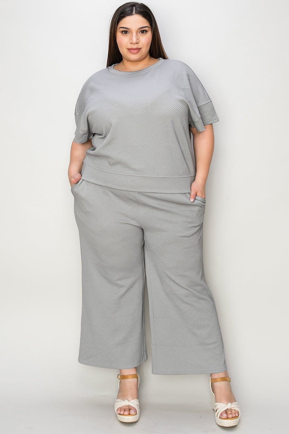 Double Take Full Size Texture Short Sleeve Top and Pants Set - Robbi & Angel