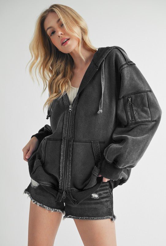 Aemi+Co Exposed Seam Zip Up Drawstring Hooded Jacket - Robbi & Angel