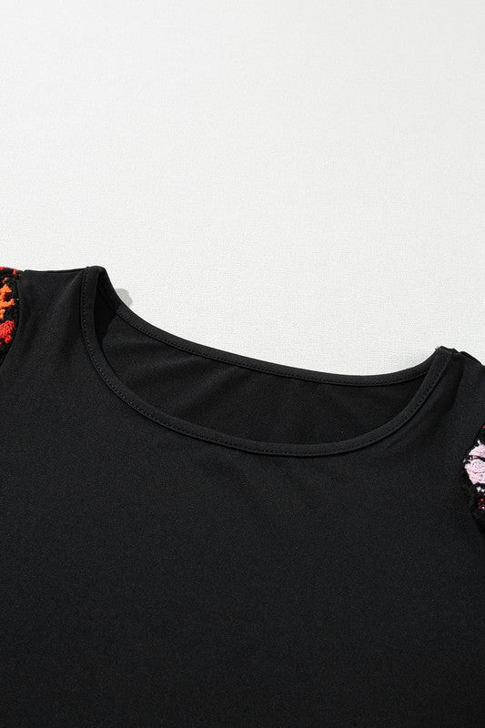 Black Floral Hollowed Crochet Sleeve Boho T Shirt - Robbi & Angel