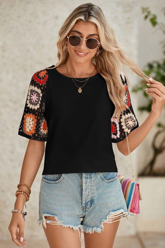 Black Floral Hollowed Crochet Sleeve Boho T Shirt - Robbi & Angel