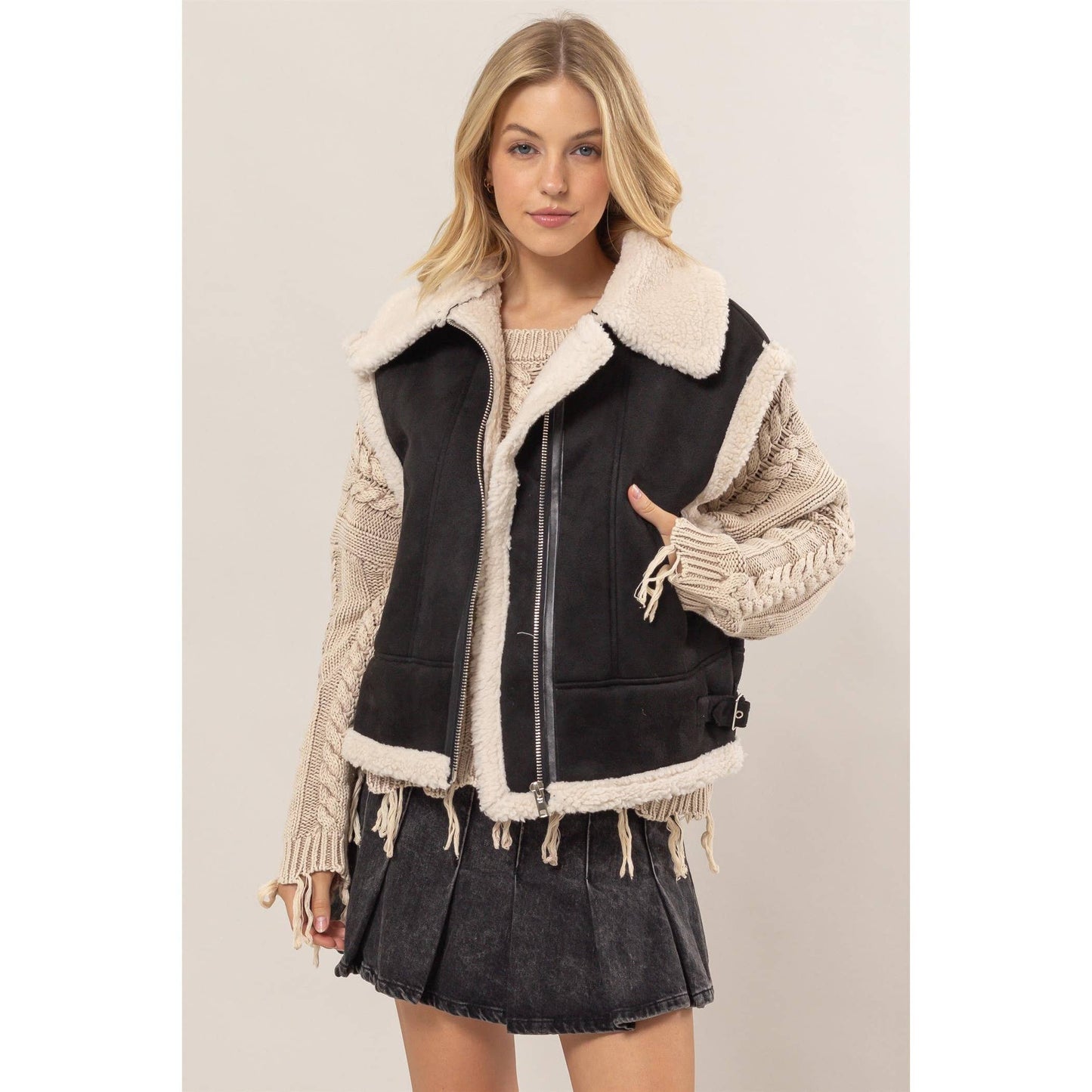 Fur-Contrast Zippered Suede Vest