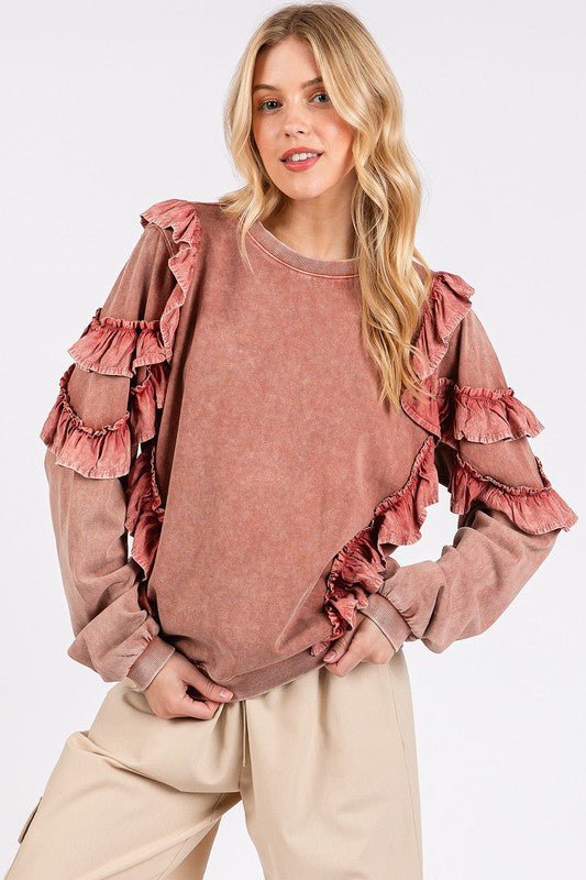 Mittoshop Ruffled Mineral Washed Round Neck Long Sleeve Sweatshirt - Robbi & Angel