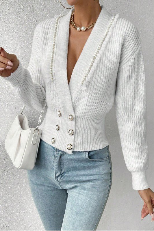 Deep V Double Breasted Pearl Beaded Decor Sweater - Robbi & Angel