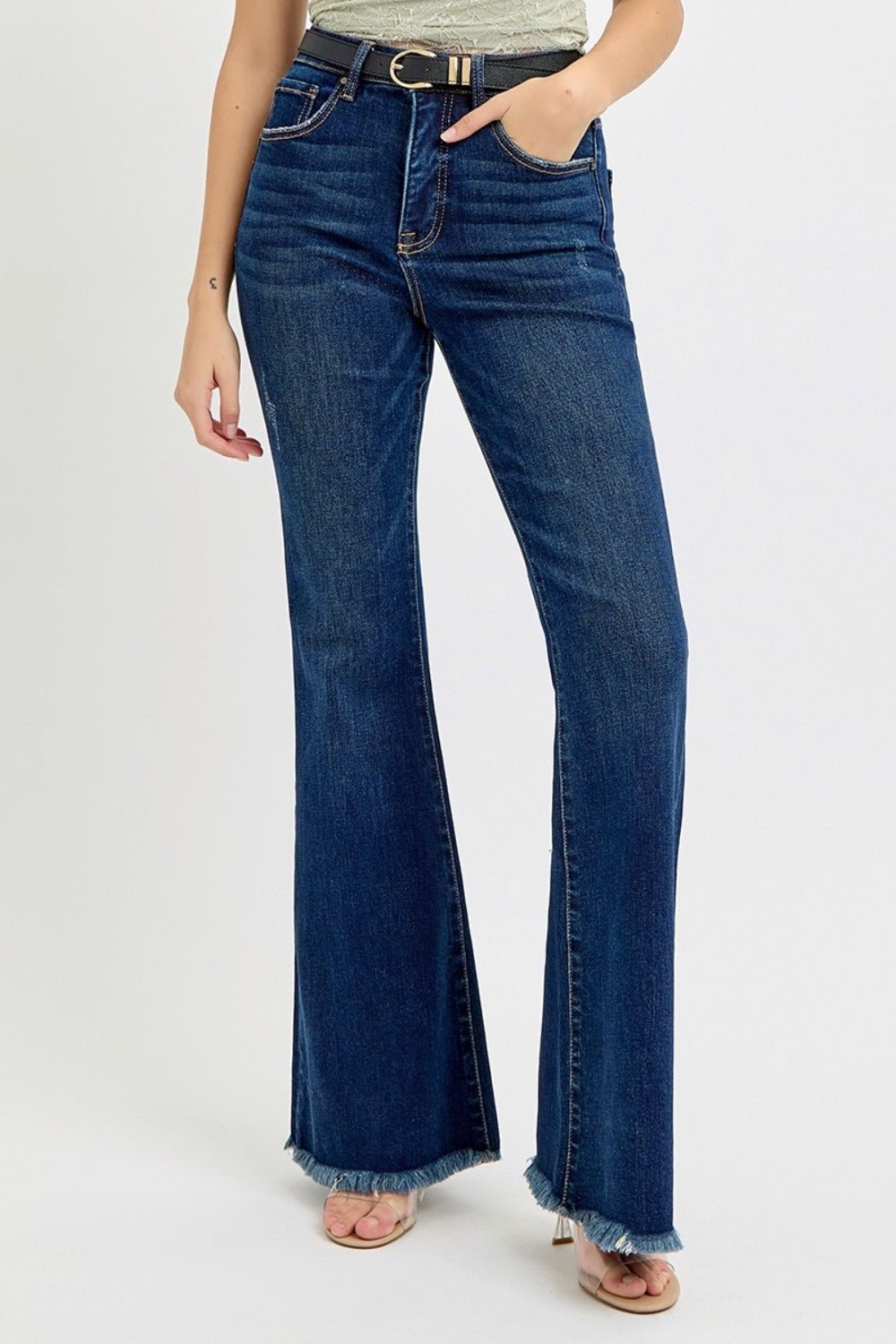 RISEN Tummy Control Frayed Hem Flare Jeans - Robbi & Angel