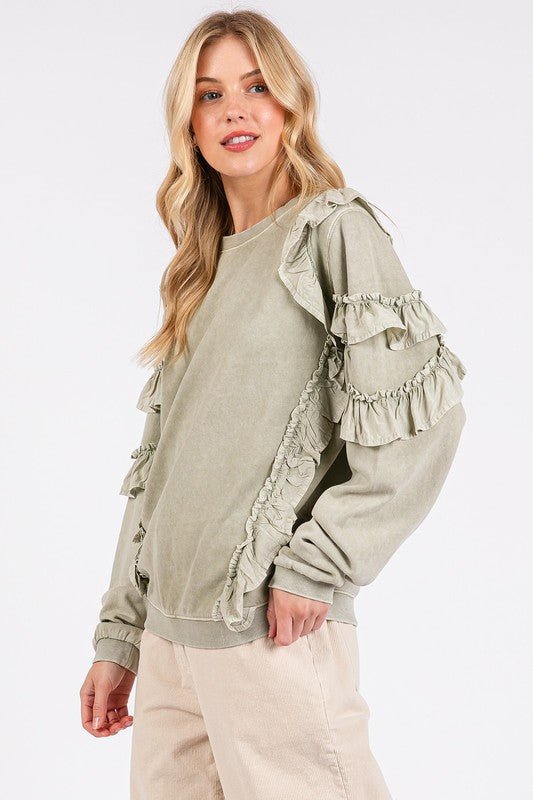 Mittoshop Ruffled Mineral Washed Round Neck Long Sleeve Sweatshirt - Robbi & Angel