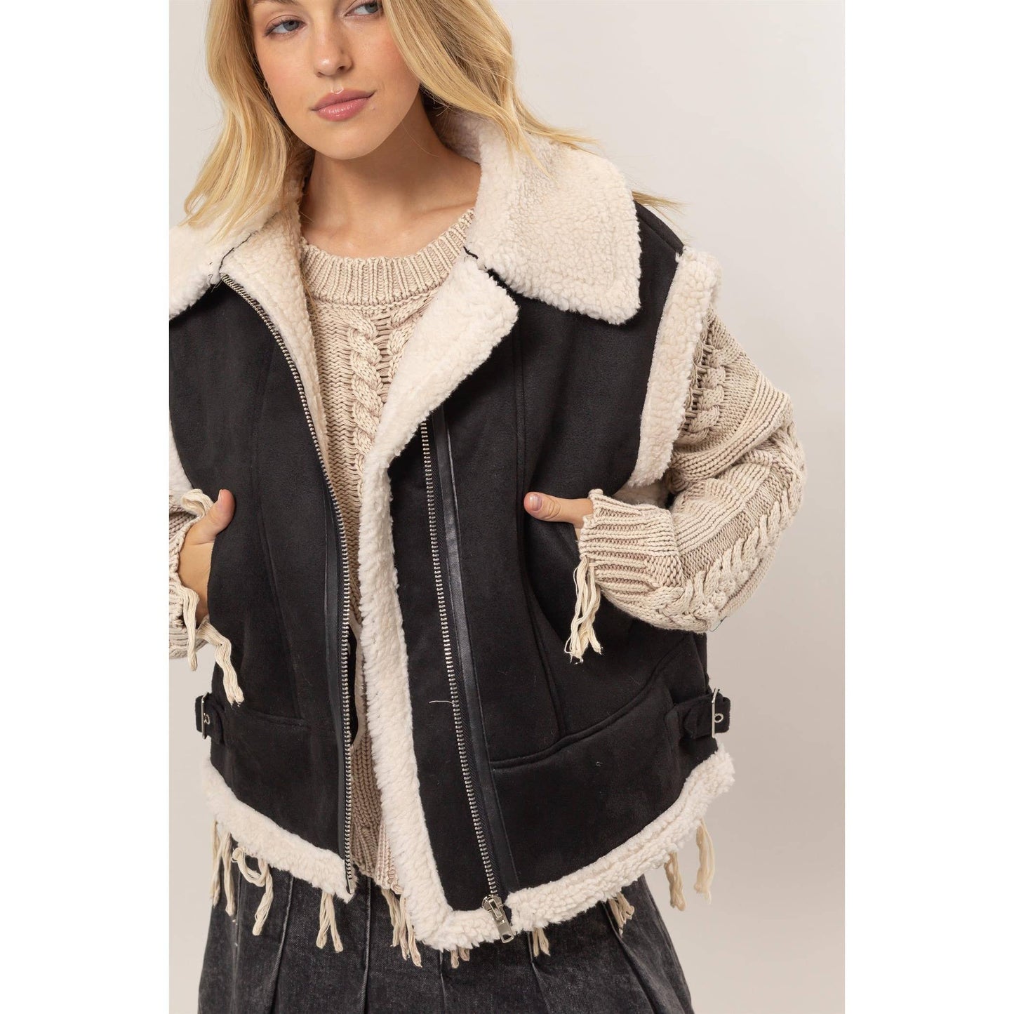 Fur-Contrast Zippered Suede Vest