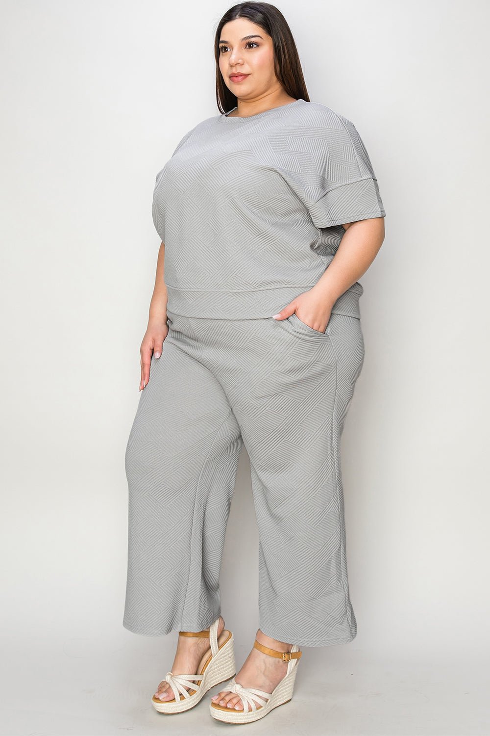 Double Take Full Size Texture Short Sleeve Top and Pants Set - Robbi & Angel