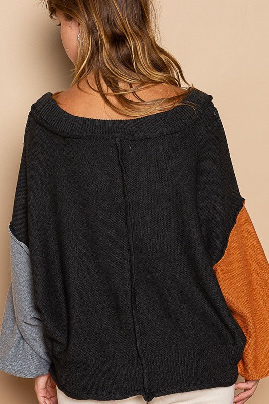 POL Exposed Seam Roll Edge Color Block V Neck Sweater - Robbi & Angel