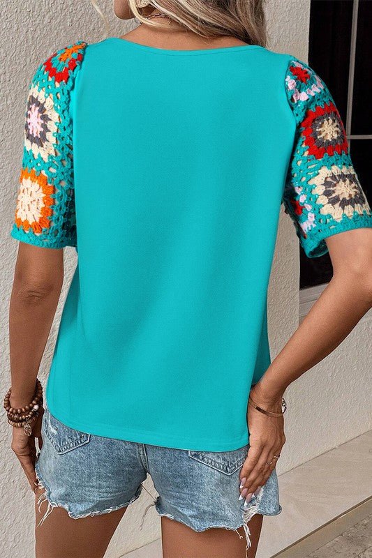 Black Floral Hollowed Crochet Sleeve Boho T Shirt - Robbi & Angel