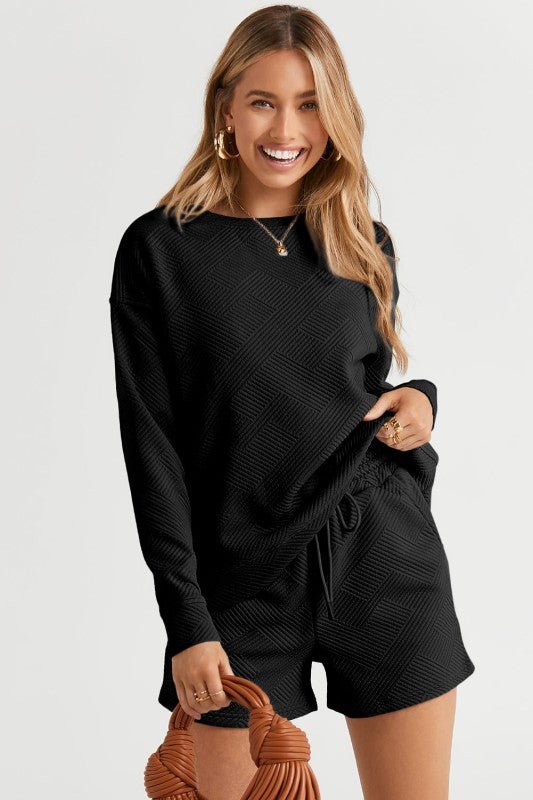 Adalyn Textured Long Sleeve Top and Drawstring Sho - Robbi & Angel