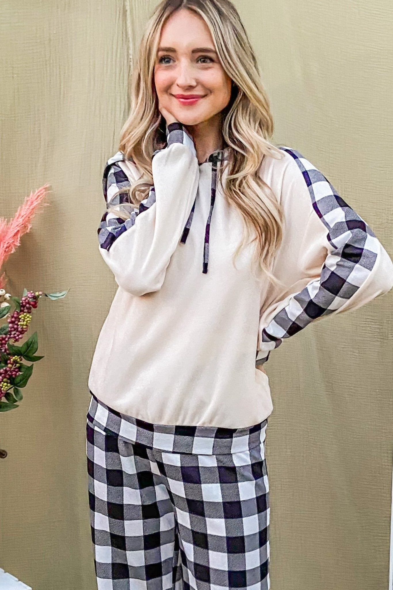 And The Why Drawstring Hooded Top and Plaid Pants Lounge Set - Robbi & Angel