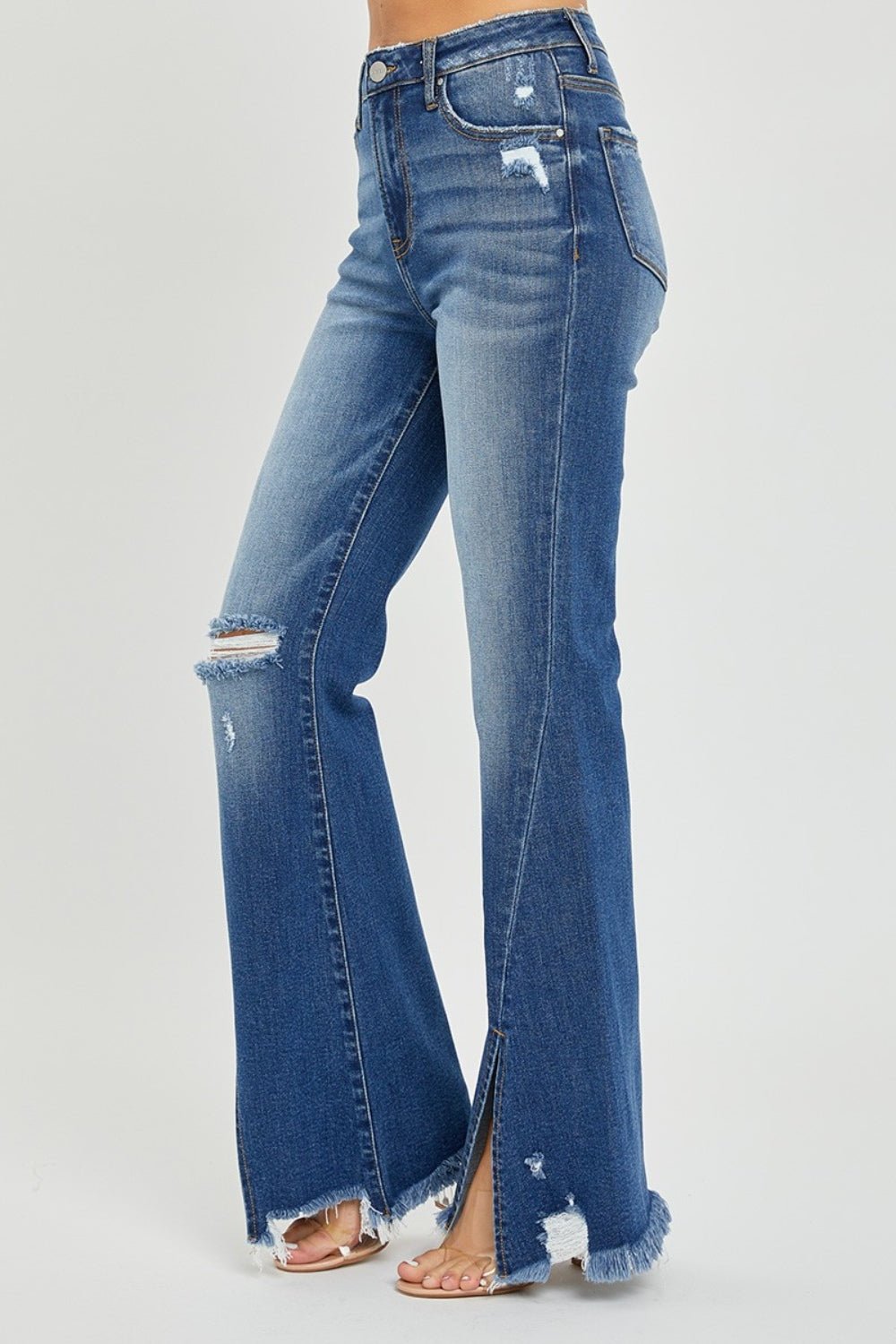 RISEN Full Size High Rise Front Slit Frayed Hem Flare Jeans - Robbi & Angel