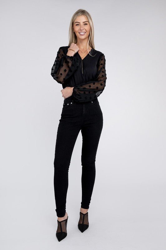 V Neck Wrap Sheer Sleeves Bodysuit - Robbi & Angel