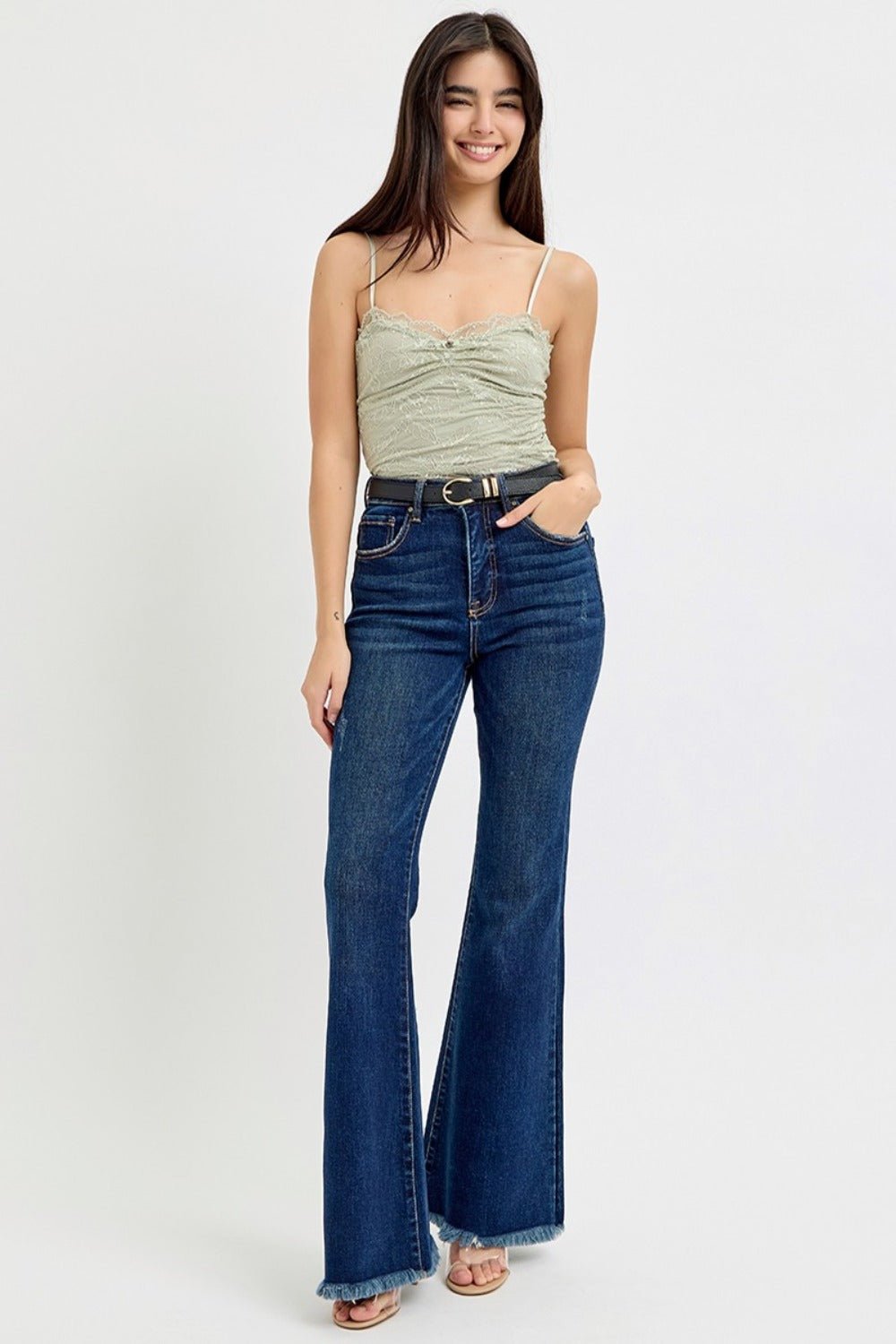 RISEN Tummy Control Frayed Hem Flare Jeans - Robbi & Angel