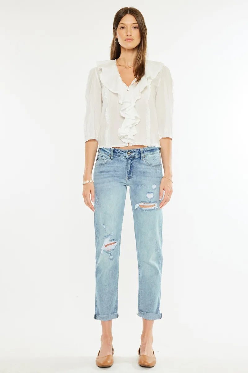 Kancan Mid Rise Distressed Boyfriend Fit Jeans - Robbi & Angel