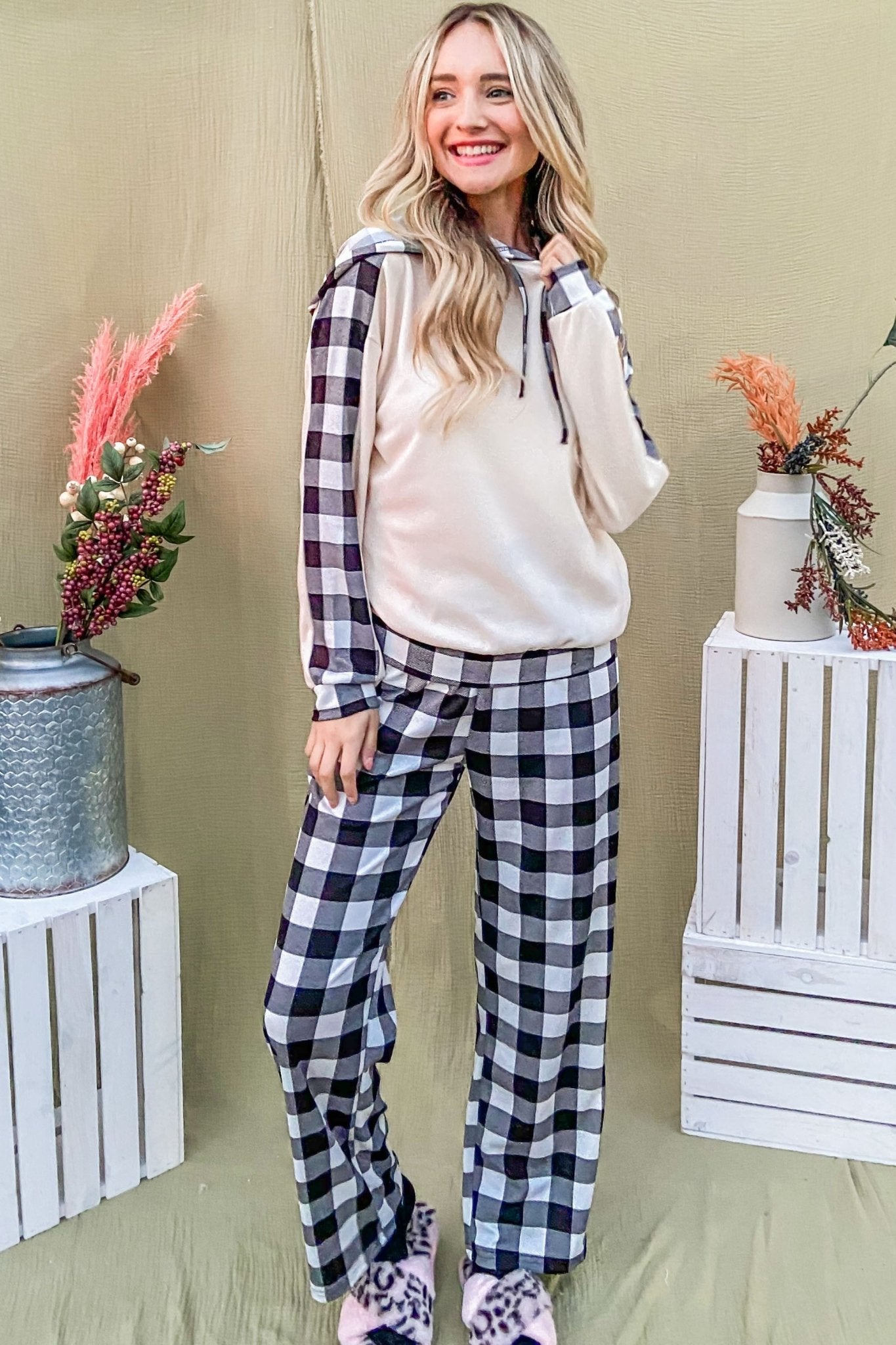 And The Why Drawstring Hooded Top and Plaid Pants Lounge Set - Robbi & Angel