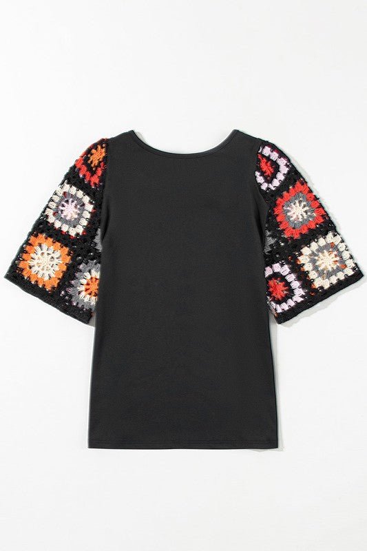 Black Floral Hollowed Crochet Sleeve Boho T Shirt - Robbi & Angel