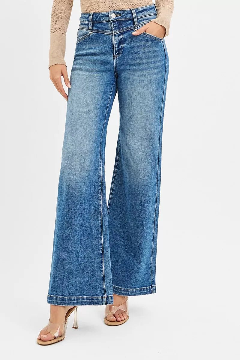 RISEN High Rise Wide Leg Jenas with Front Yoke and Heart Back Pocket - Robbi & Angel