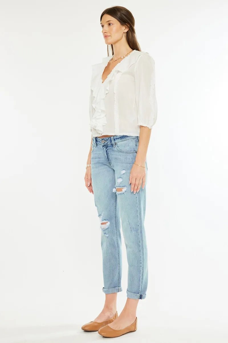 Kancan Mid Rise Distressed Boyfriend Fit Jeans - Robbi & Angel