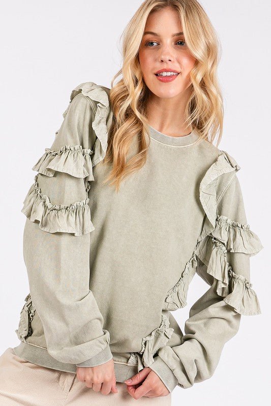 Mittoshop Ruffled Mineral Washed Round Neck Long Sleeve Sweatshirt - Robbi & Angel