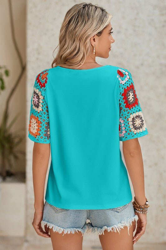 Black Floral Hollowed Crochet Sleeve Boho T Shirt - Robbi & Angel