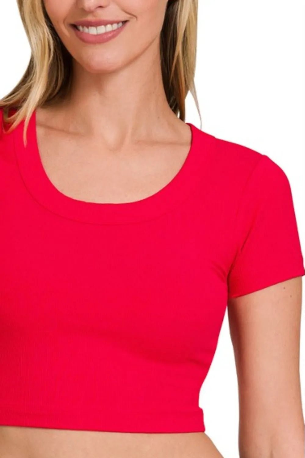 Zenana Ribbed Scoop Neck Crop Short Sleeve Top - Robbi & Angel