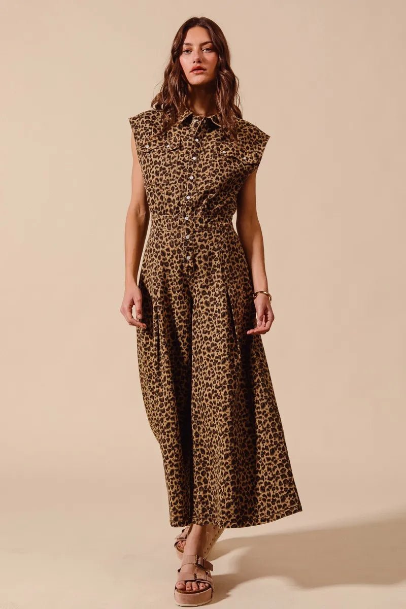 SO ME Wide Leg Leopard Twill Overalls Jumpsuit with Tuck - Robbi & Angel