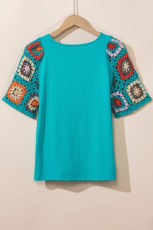 Black Floral Hollowed Crochet Sleeve Boho T Shirt - Robbi & Angel