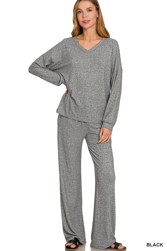 Zenana Soft Melange Long Sleeve Tee & Pants Set - Robbi & Angel