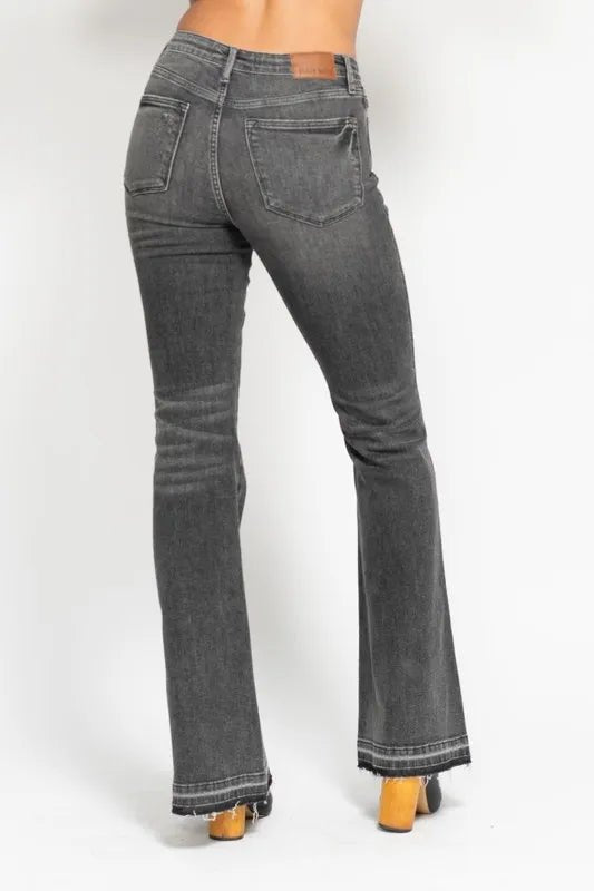 Judy Blue Full Size Mid Rise Tummy Control Washed Gray Release Hem Flare Jeans Plus Size - Robbi & Angel