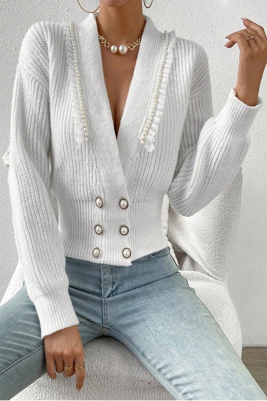 Deep V Double Breasted Pearl Beaded Decor Sweater - Robbi & Angel