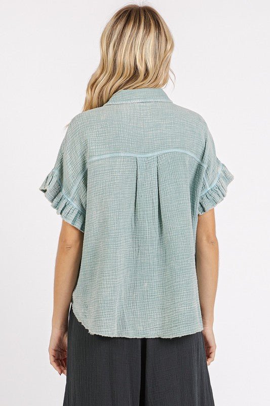 Mittoshop Mineral Washed Button Down Flounce Sleeve Shirt - Robbi & Angel