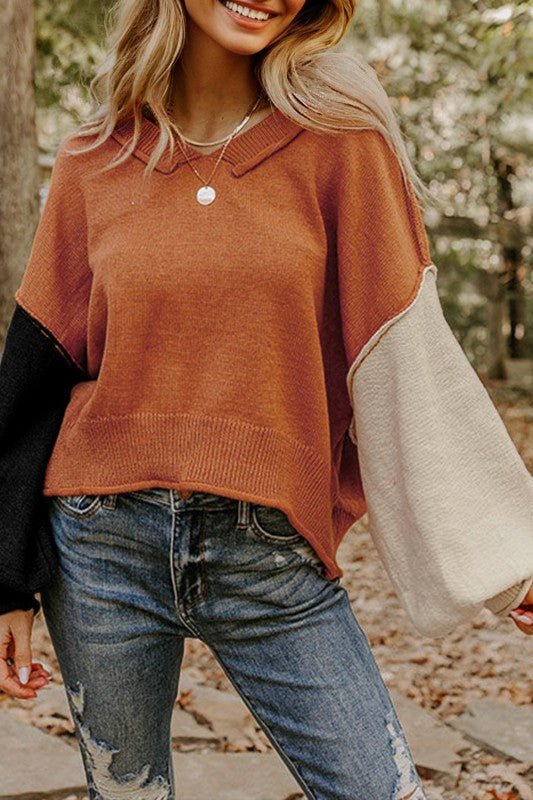 Colorblock Raw Edge Bubble Sleeve V - Neck Sweater - Robbi & Angel