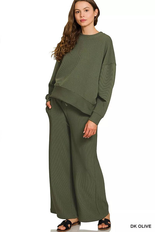 Zenana Ribbed Round Neck Pullover and Drawstring Pants Set - Robbi & Angel