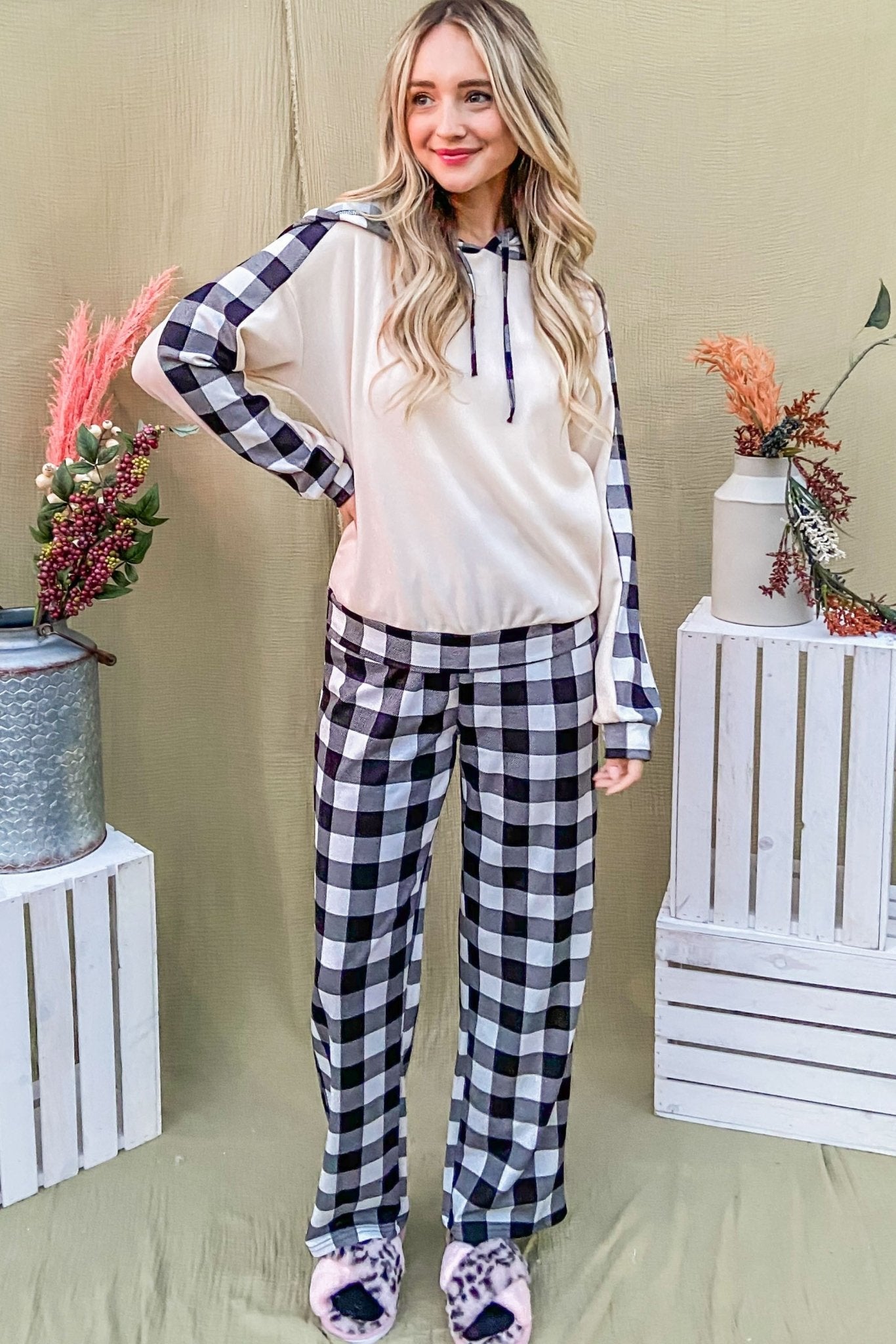 And The Why Drawstring Hooded Top and Plaid Pants Lounge Set - Robbi & Angel