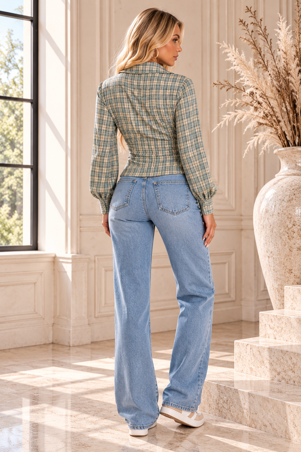 Pietra Plaid Deep V-Neck Long Sleeve Slim Fit Blouse