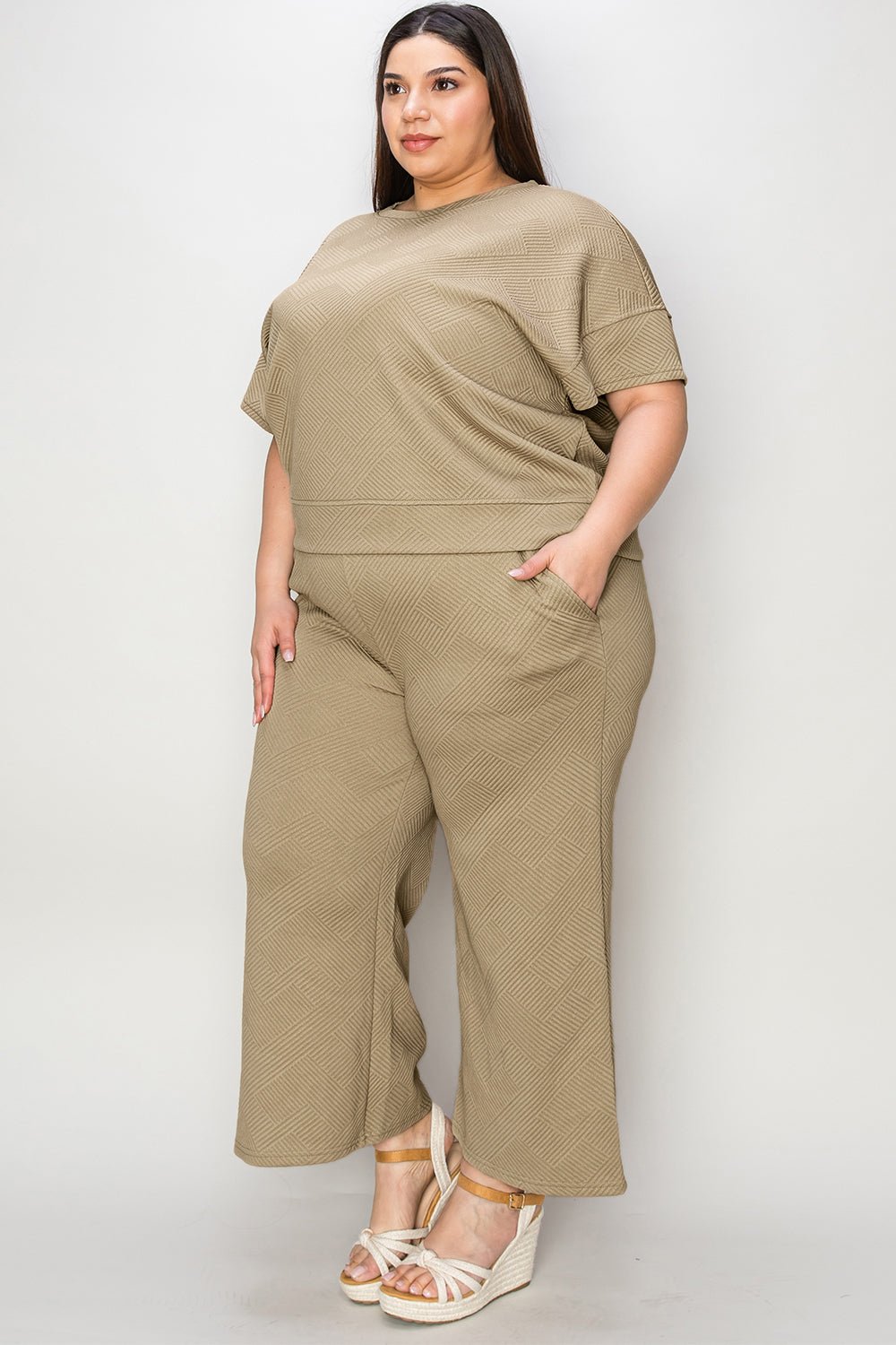 Double Take Full Size Texture Short Sleeve Top and Pants Set - Robbi & Angel