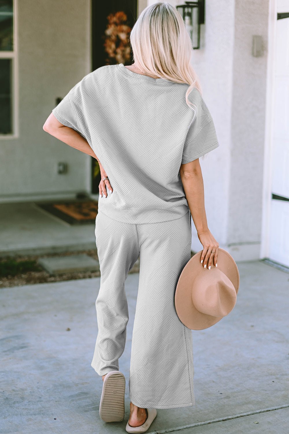 Double Take Full Size Texture Short Sleeve Top and Pants Set - Robbi & Angel