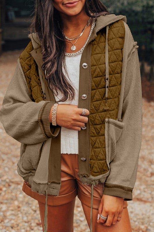 Women Textured Patchwork Loose Fit Hooded Jacket - Robbi & Angel