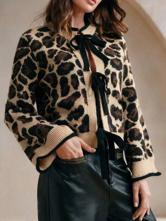 Leopard Print Bow - Tie Front Cropped Cardigan - Robbi & Angel