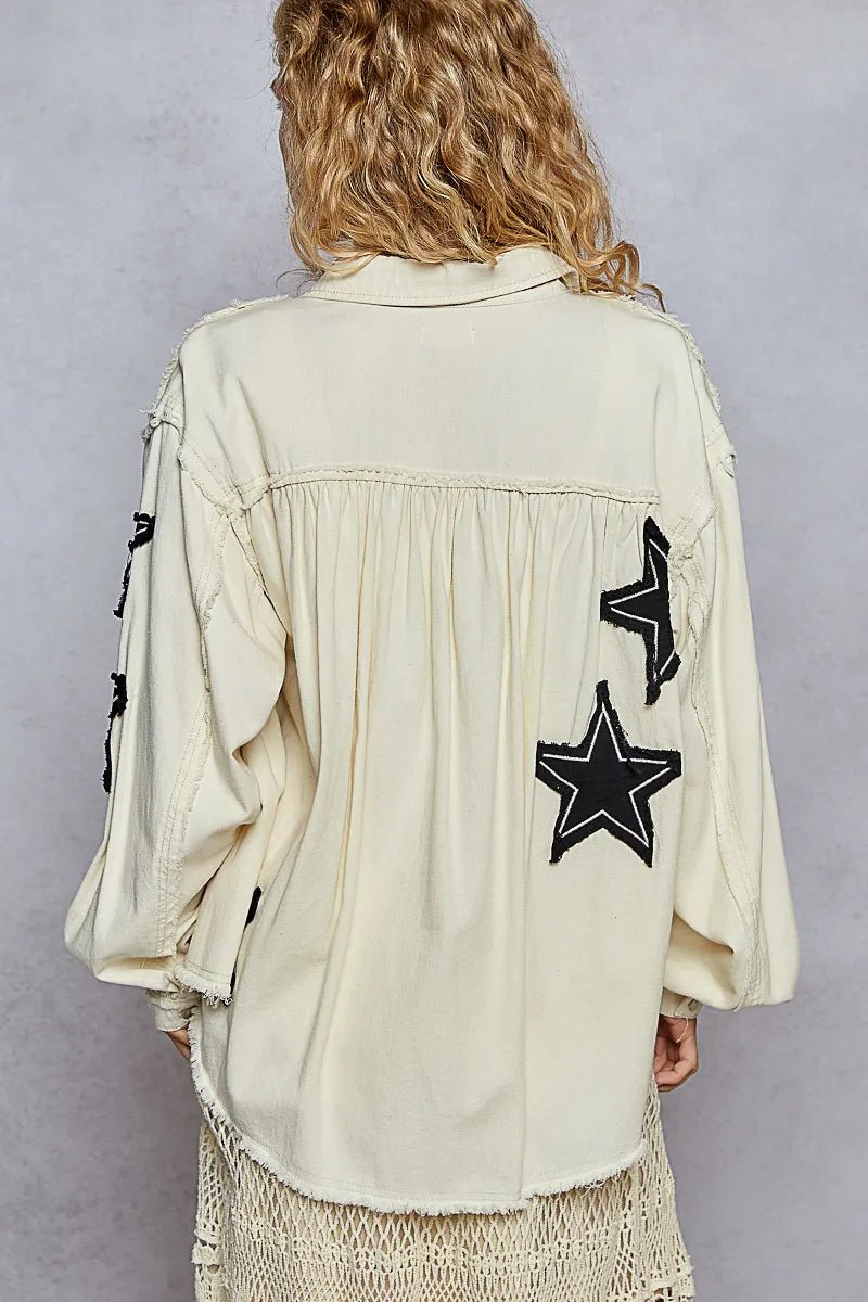 POL Star Patch Raw Hem Button Up Denim Jacket - Robbi & Angel