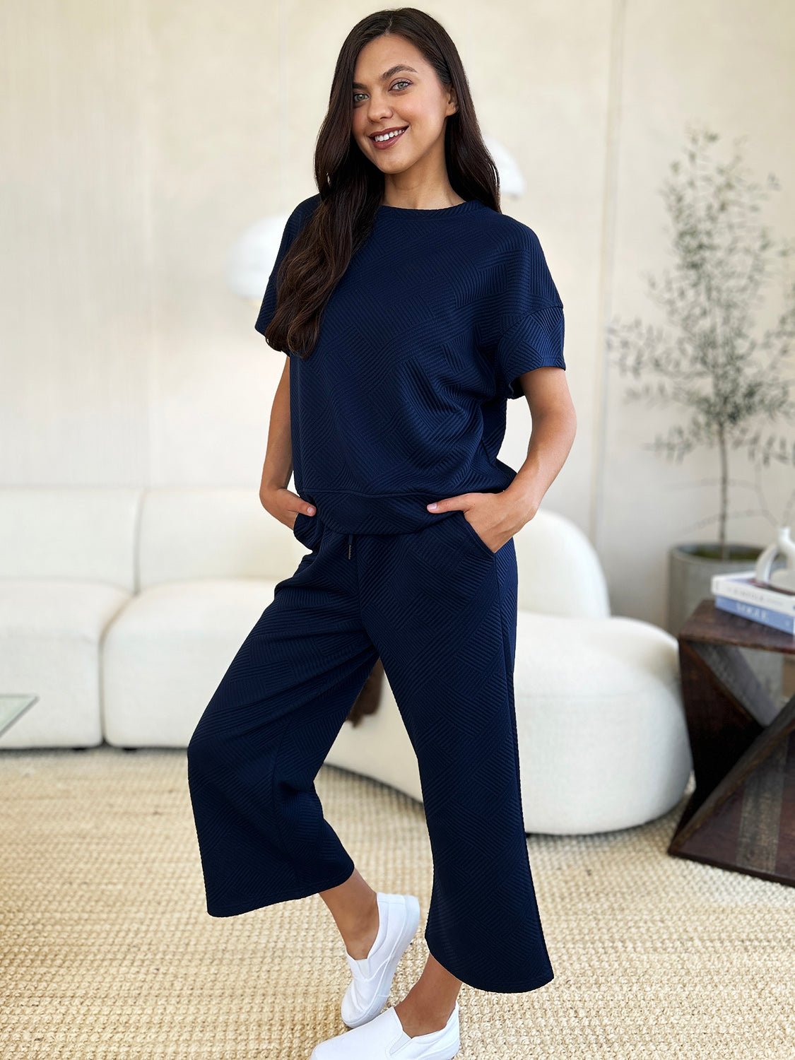Double Take Full Size Texture Short Sleeve Top and Pants Set - Robbi & Angel
