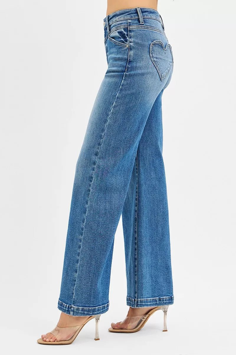 RISEN High Rise Wide Leg Jenas with Front Yoke and Heart Back Pocket - Robbi & Angel