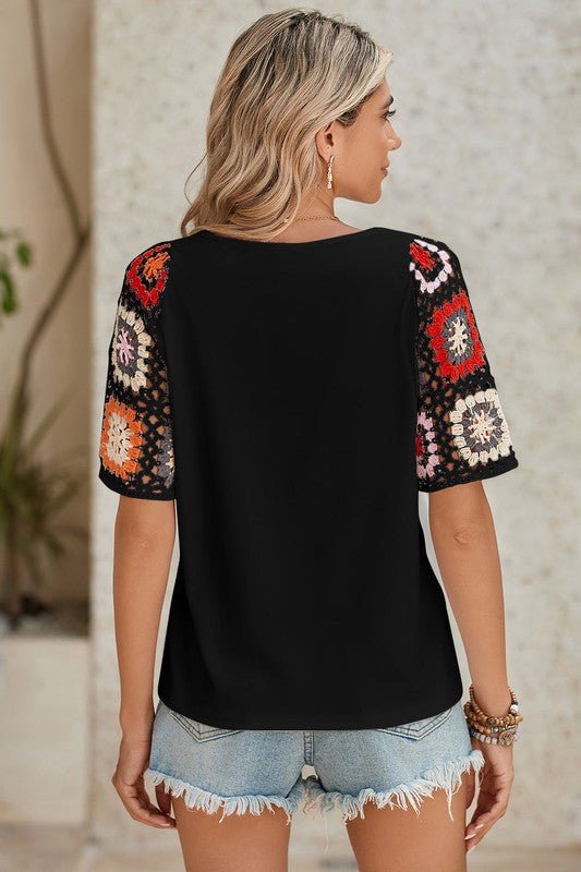 Black Floral Hollowed Crochet Sleeve Boho T Shirt - Robbi & Angel