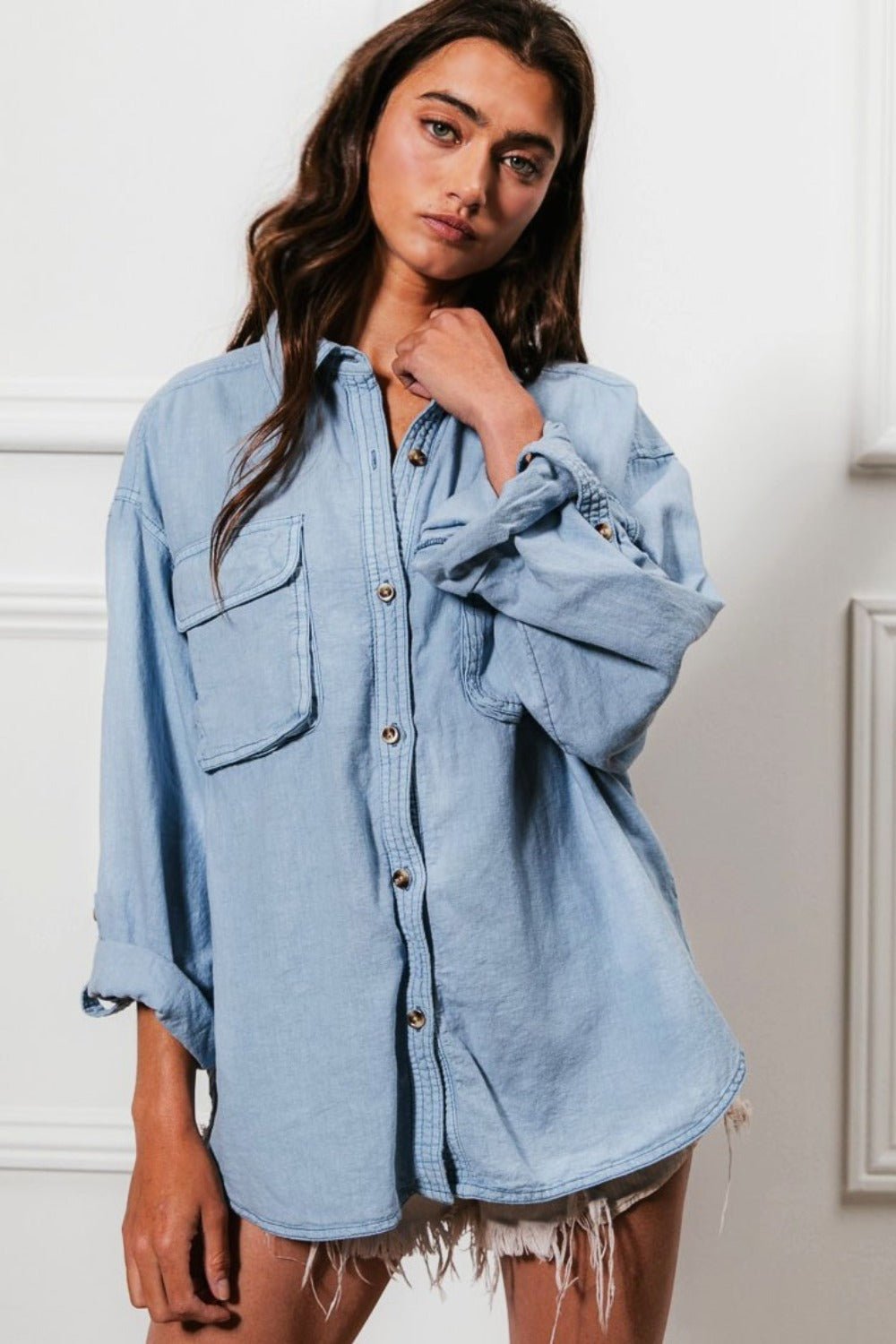 BiBi Button Down Stitch Detail Shirt with Chest Pockets - Robbi & Angel