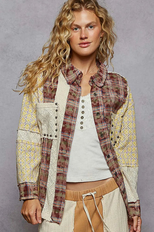 POL Studded Contrast Plaid Long Sleeve Shirt - Robbi & Angel