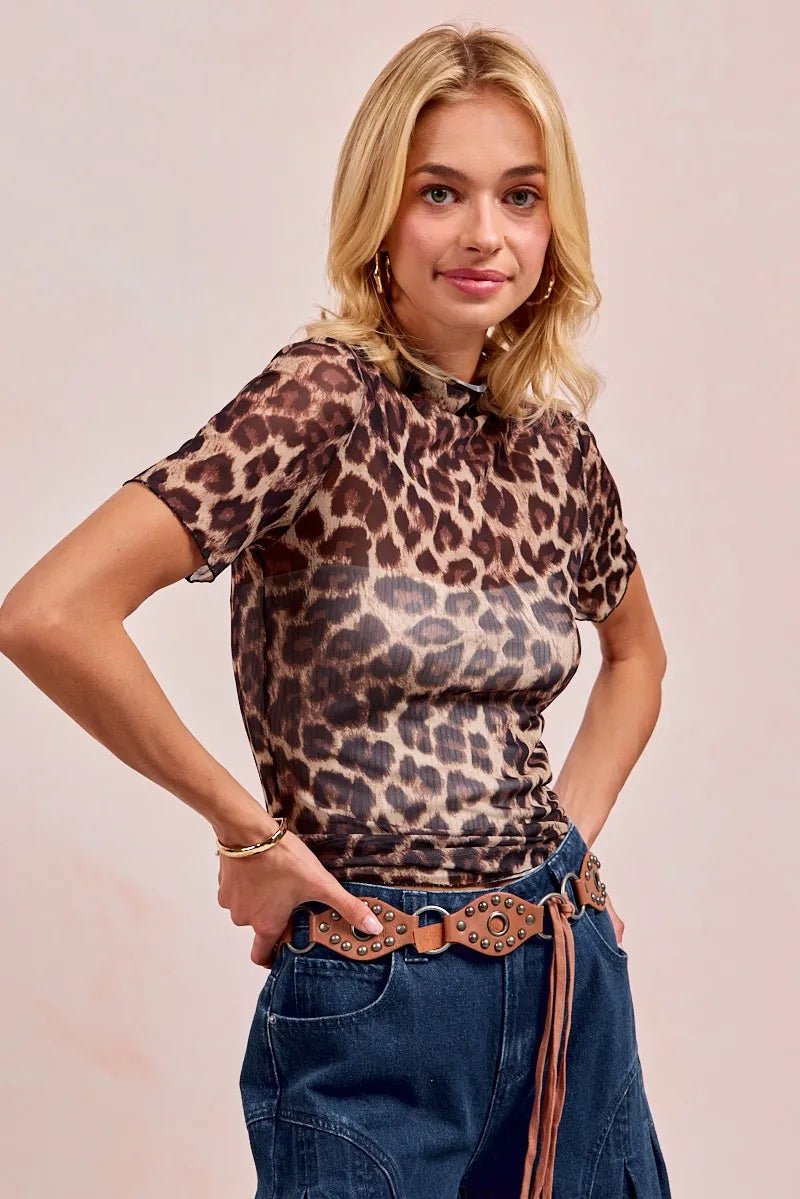 BiBi High Neck Leopard Mesh Short Sleeves Top - Robbi & Angel