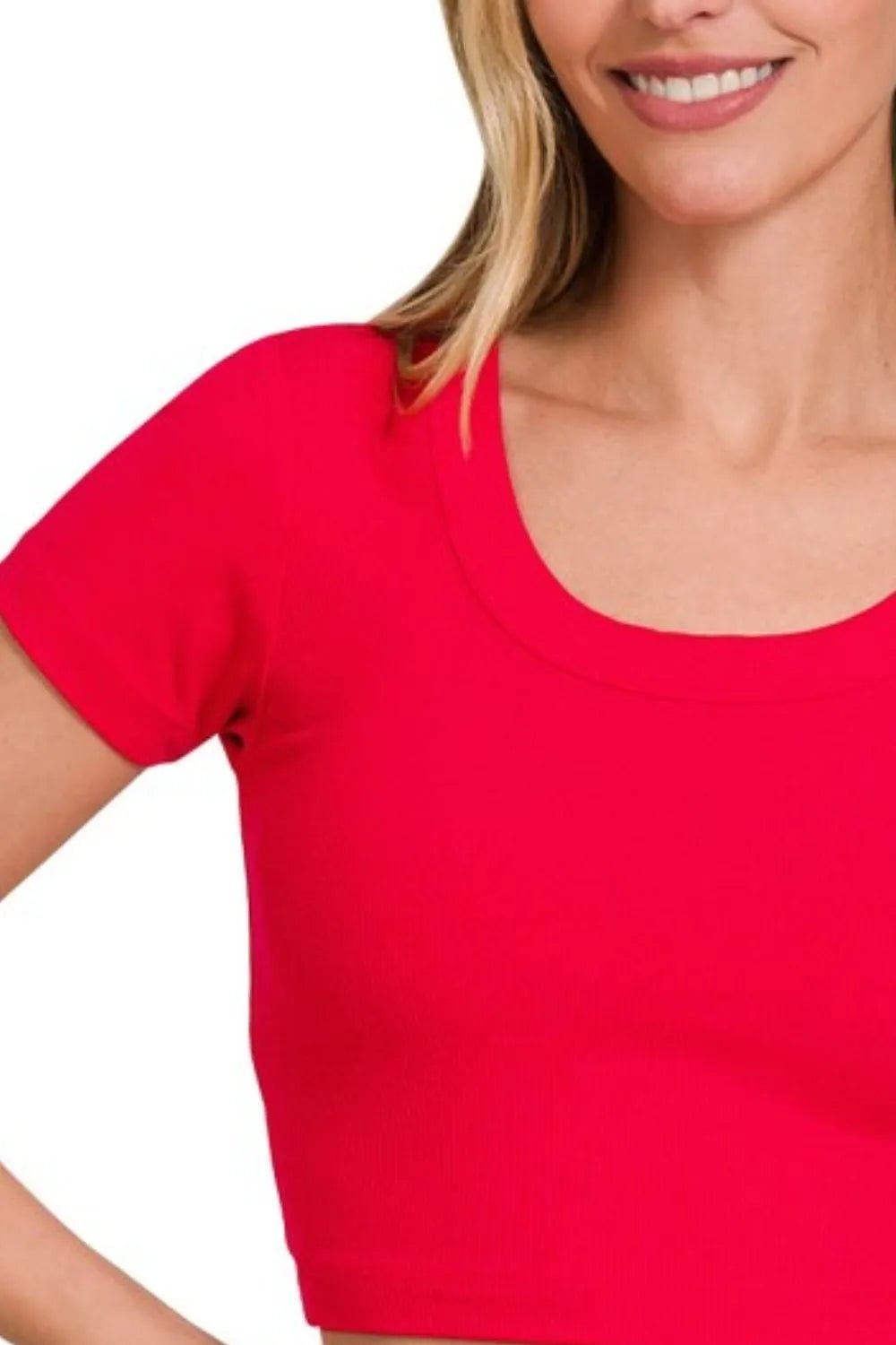 Zenana Ribbed Scoop Neck Crop Short Sleeve Top - Robbi & Angel