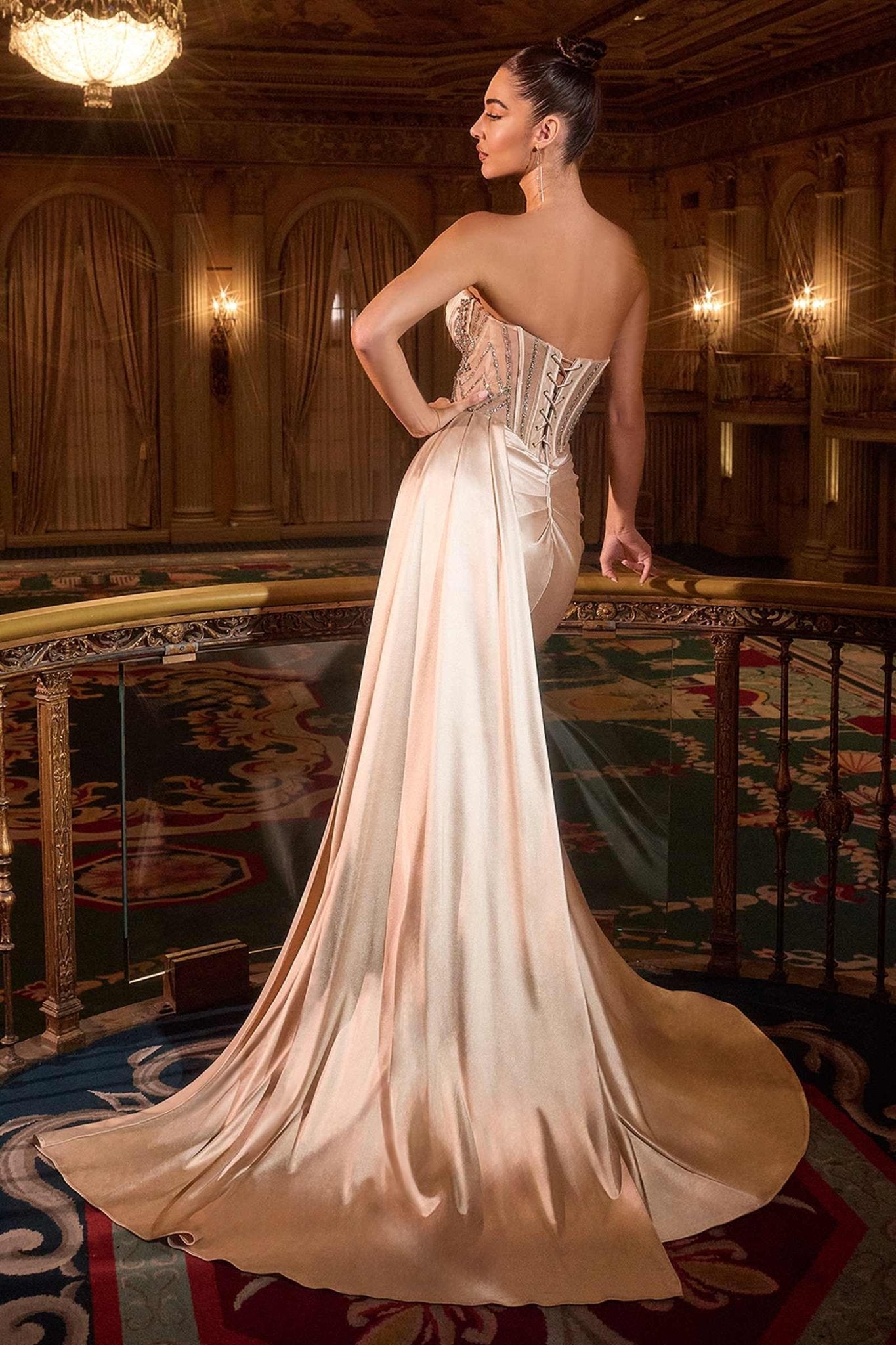 Almiria Strapless Satin Fitted Gown Side Sash - Robbi & Angel