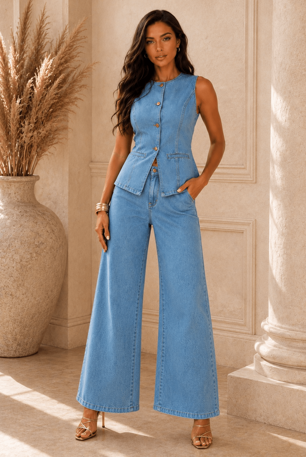Amanda Sleeveless Button-Front Vest and Pants Denim Set - Robbi & Angel